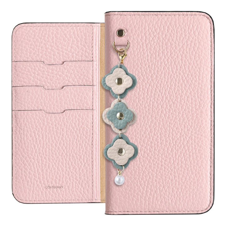 Cuir véritable 32 couleurs cuir italien grainé étui portefeuille à 3 breloques fleurs série AQUOS