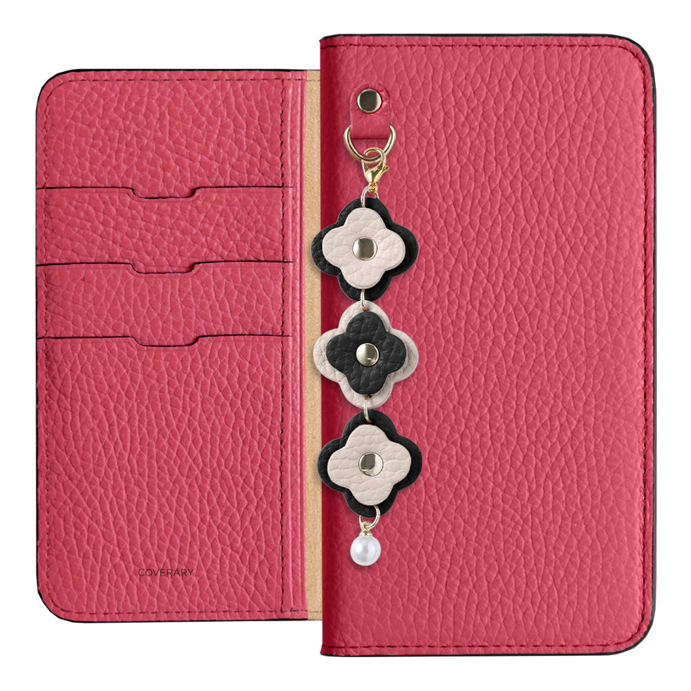 Cuir véritable 32 couleurs cuir italien grainé étui portefeuille à 3 breloques fleurs série AQUOS