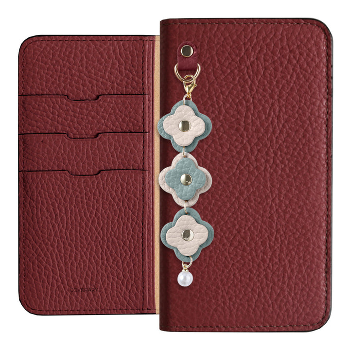 Cuir véritable 32 couleurs cuir italien grainé étui portefeuille à 3 breloques fleurs série AQUOS