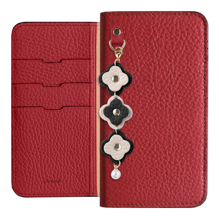 Cuir véritable 32 couleurs cuir italien grainé étui portefeuille à 3 breloques fleurs série AQUOS