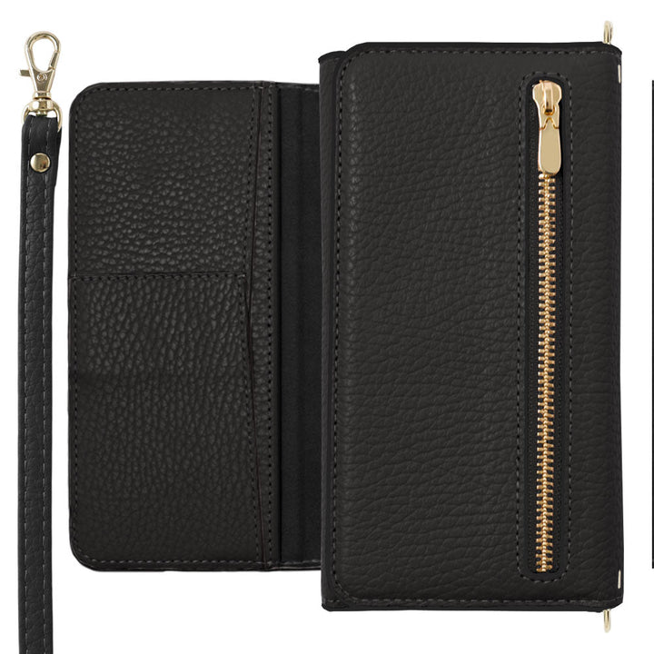 Genuine leather Italian shrink leather tri-fold case with zipper pocket & shoulder strap, notebook-style case for AQUOS series