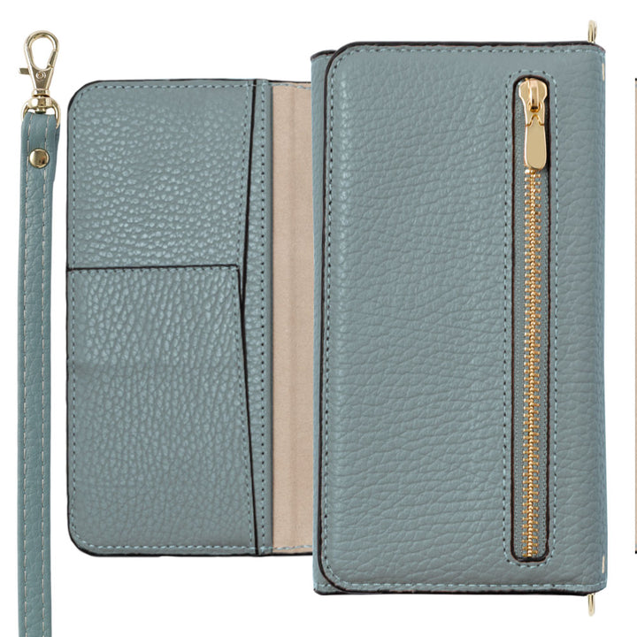 Genuine leather Italian shrink leather tri-fold case with zipper pocket & shoulder strap notebook-style case