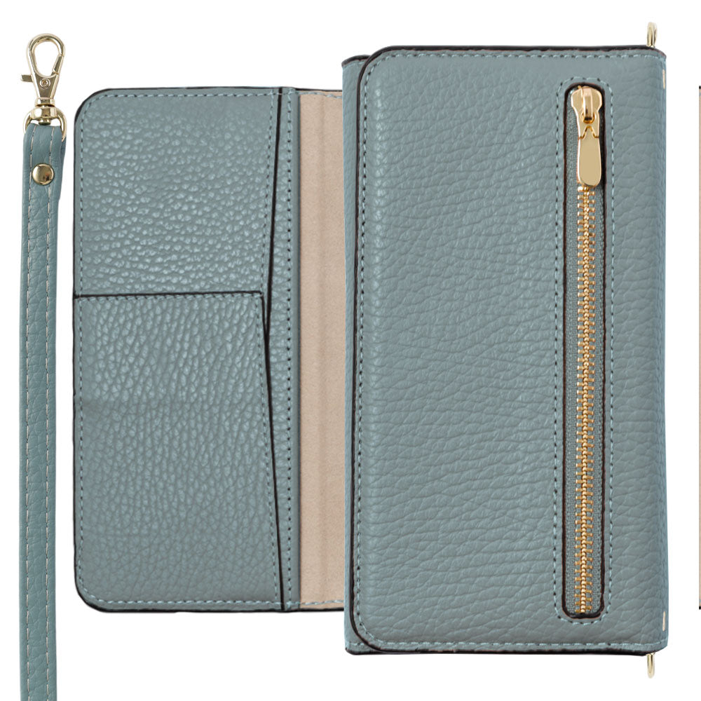 Étui portefeuille en cuir véritable italien à grain froissé, plié en trois, avec poche zippée et bandoulière, pour la série Xperia