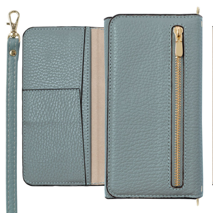 Genuine leather Italian shrink leather tri-fold case with zipper pocket & shoulder strap, notebook-style case for AQUOS series