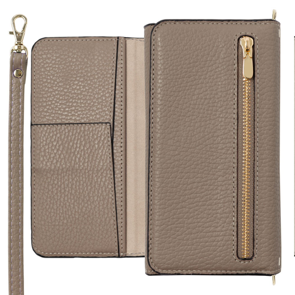 Genuine leather Italian shrink leather tri-fold case with zipper pocket & shoulder strap notebook-style case