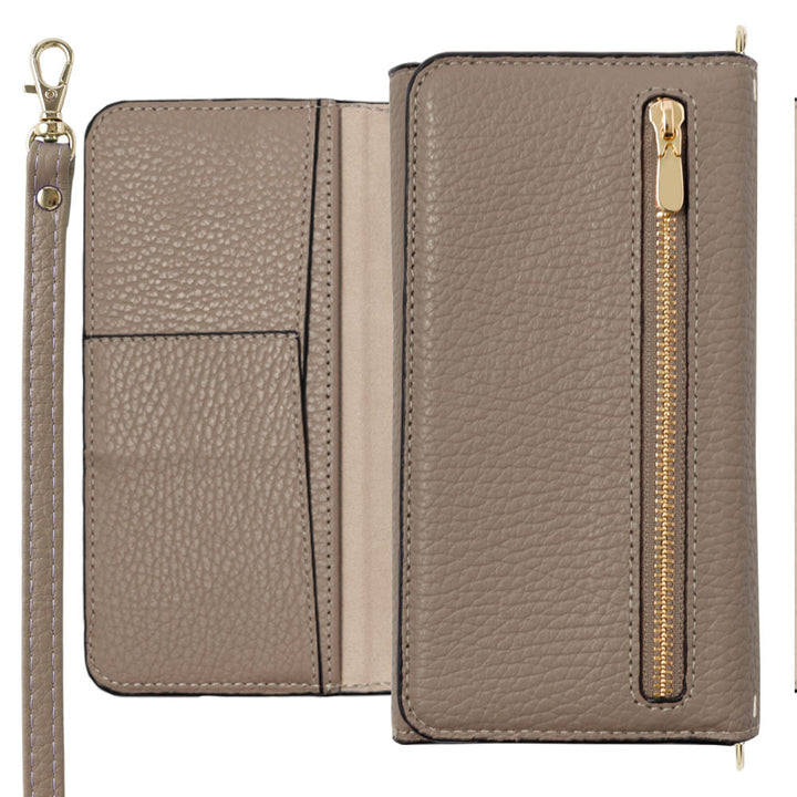 Genuine leather Italian shrink leather tri-fold case with zipper pocket & shoulder strap notebook-style case