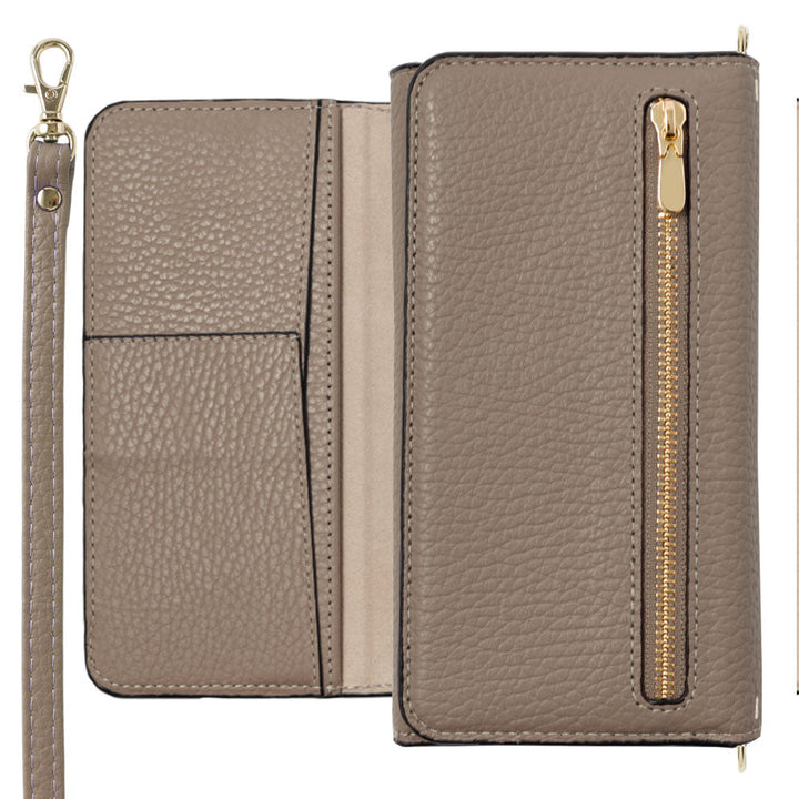 Genuine leather Italian shrink leather tri-fold case with zipper pocket & shoulder strap, notebook style, for Galaxy series