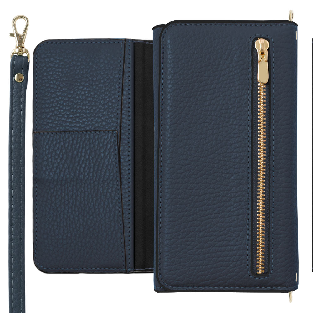 Genuine leather Italian shrink leather tri-fold case with zipper pocket & shoulder strap, notebook-style case for AQUOS series