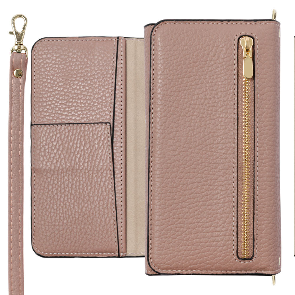 Genuine leather Italian shrink leather tri-fold case with zipper pocket & shoulder strap notebook-style case