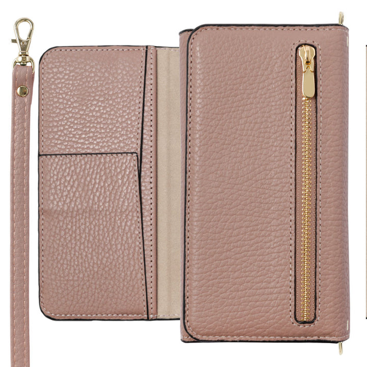 Genuine leather Italian shrink leather tri-fold case with zipper pocket & shoulder strap, notebook-style case for AQUOS series