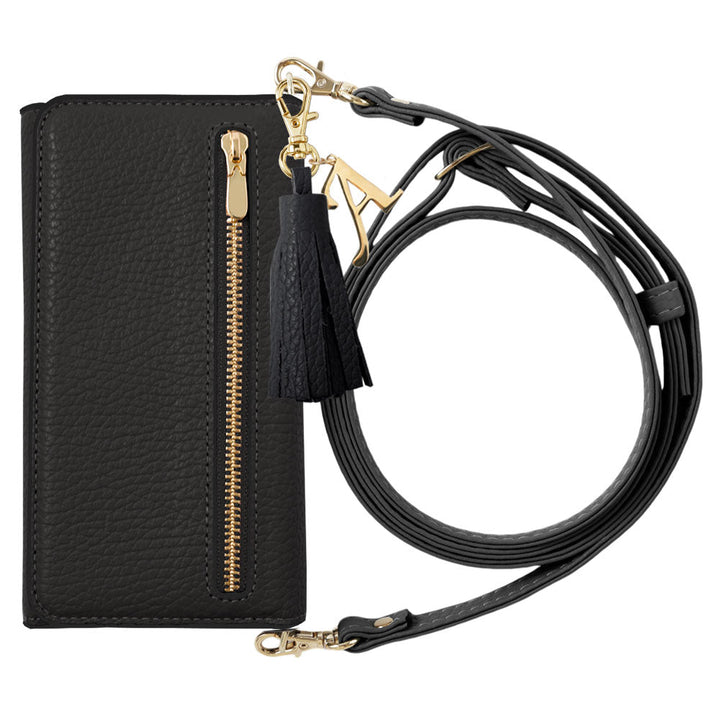 Genuine leather Italian shrink leather tri-fold with zipper pocket & shoulder strap, initial tassel charm, notebook-style case for AQUOS series