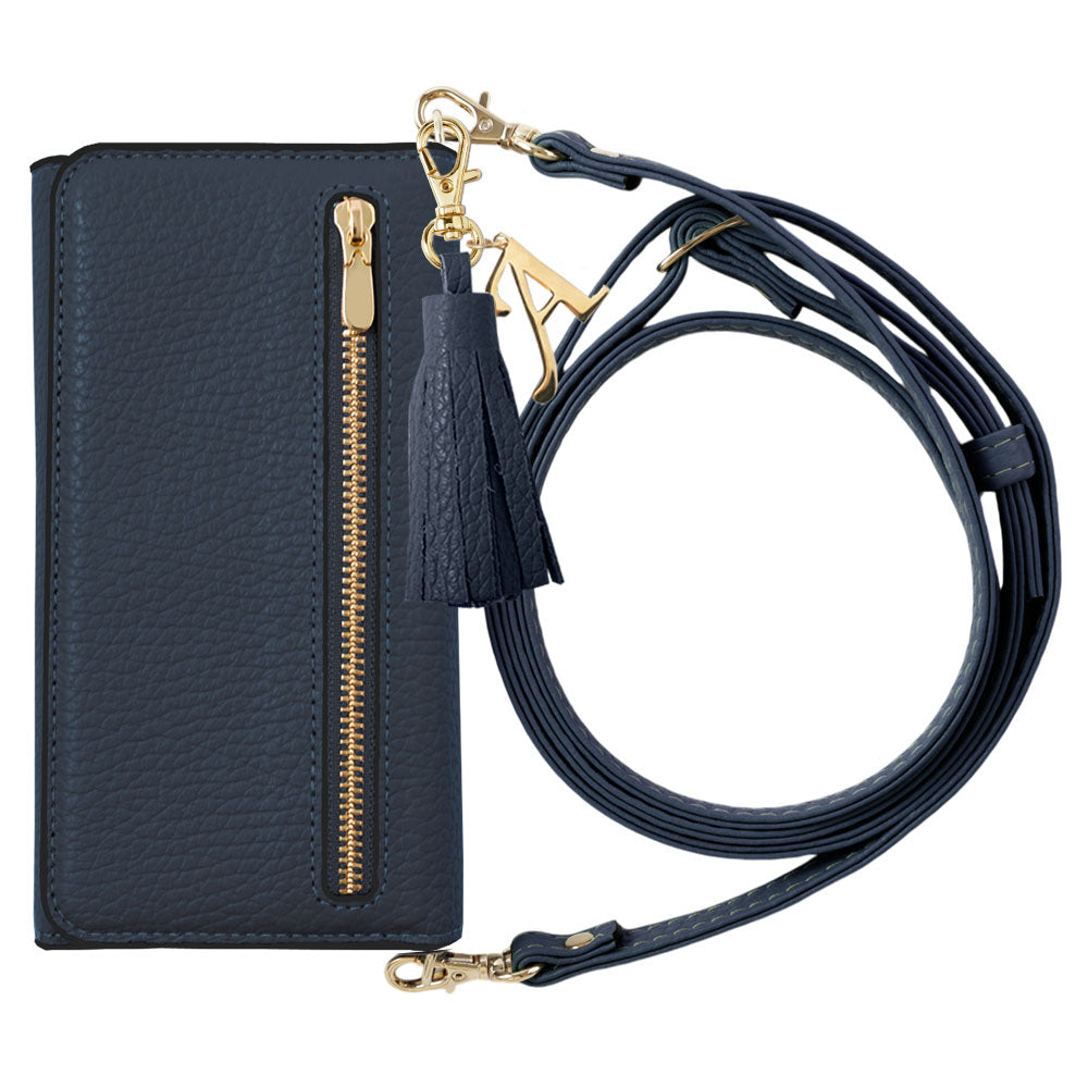 Genuine leather Italian shrink leather tri-fold with zipper pocket & shoulder strap, initial tassel charm, notebook-style case for iPhone series