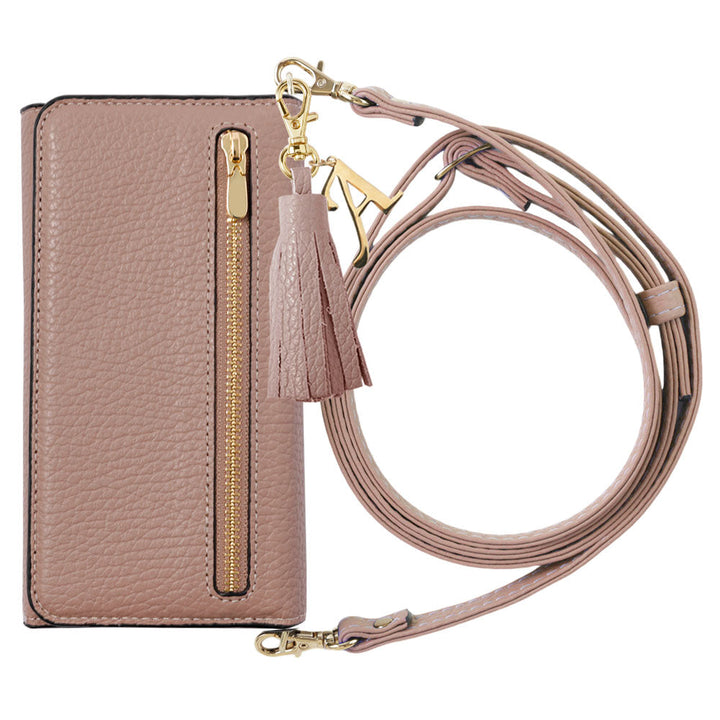 Genuine leather Italian shrink leather tri-fold with zipper pocket & shoulder strap, initial tassel charm, notebook-style case for iPhone series
