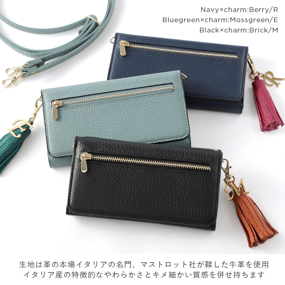 本革 イタリアンシュリンクレザー 三つ折り ファスナーポケット＆ショルダーストラップ付き イニシャル タッセルチャーム 手帳型ケース Google Pixelシリーズ