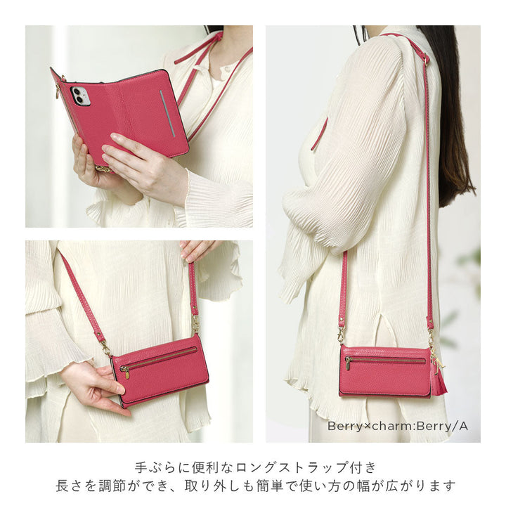 Genuine leather Italian shrink leather tri-fold with zipper pocket & shoulder strap, initial tassel charm, notebook-style case for AQUOS series