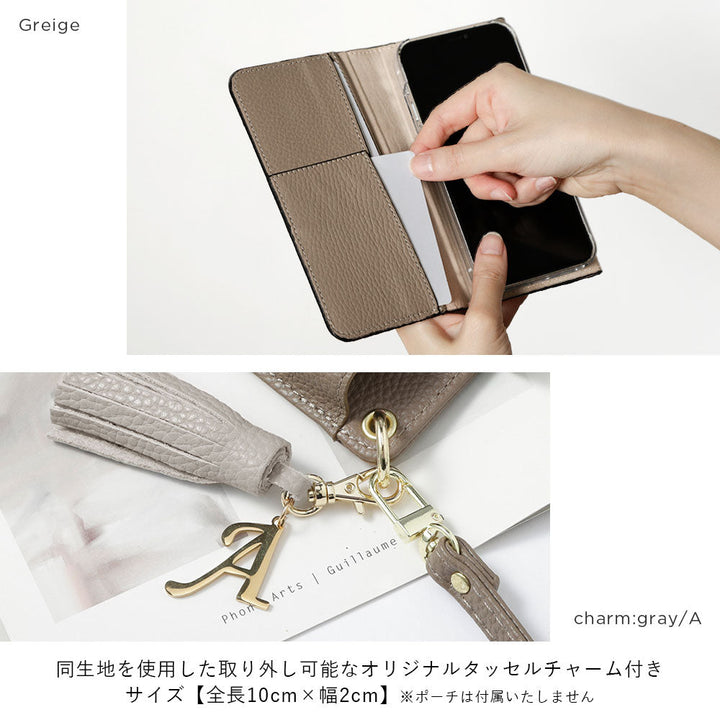 Genuine leather Italian shrink leather tri-fold with zipper pocket & shoulder strap, initial tassel charm, notebook-style case for AQUOS series