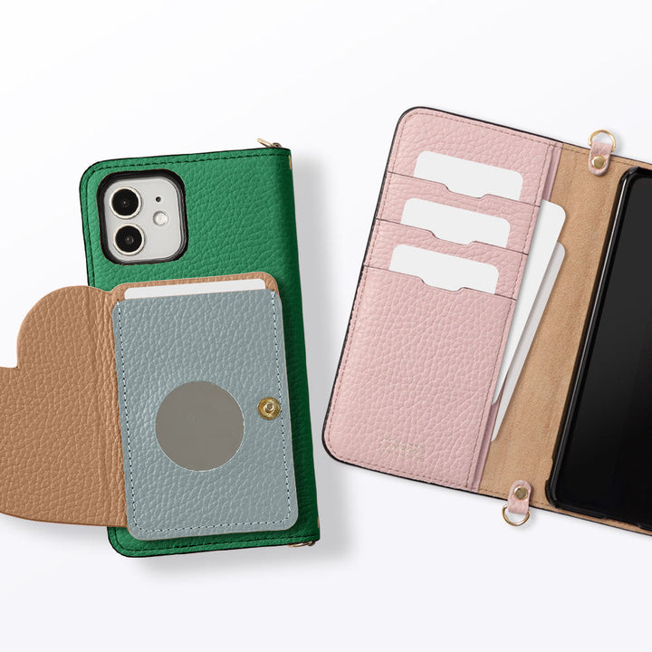 本革 32色 イタリアンシュリンクレザー ハートミラーカードケース ショルダーストラップ付き 手帳型ケース iPhoneシリーズ