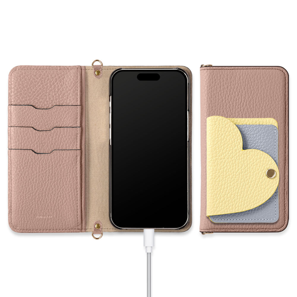 本革 32色 イタリアンシュリンクレザー ハートミラーカードケース ショルダーストラップ付き 手帳型ケース iPhoneシリーズ