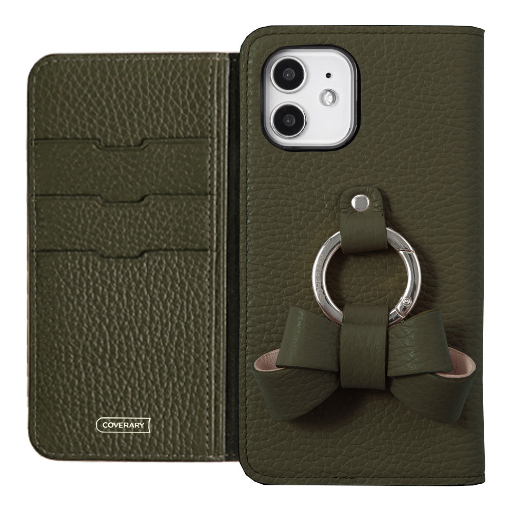 本革 32色 イタリアンシュリンクレザー リボンスマホリング付き 手帳型