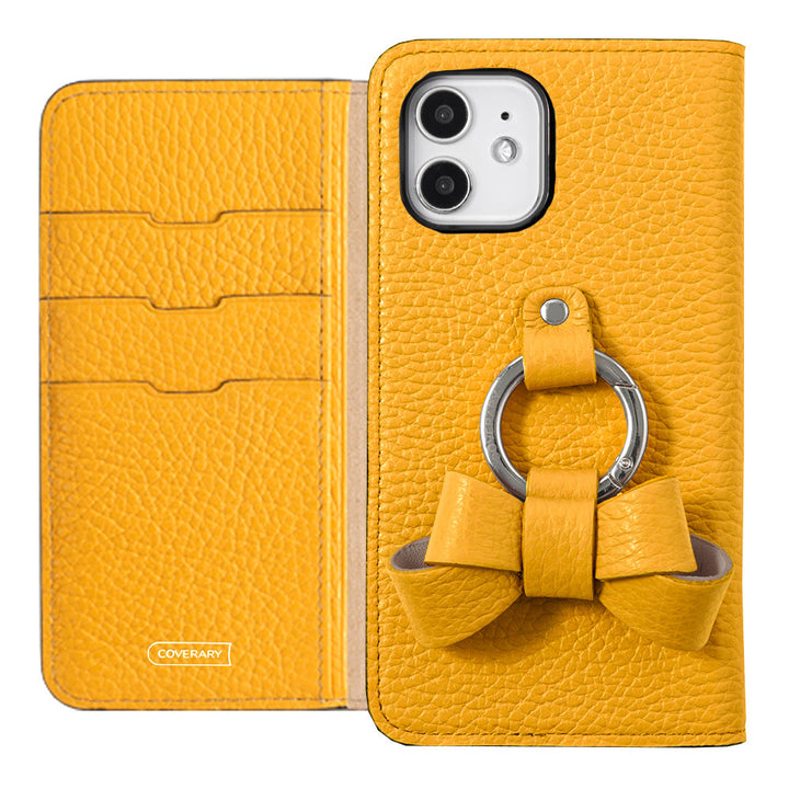 本革 32色 イタリアンシュリンクレザー リボンスマホリング付き 手帳型ケース iPhoneシリーズ