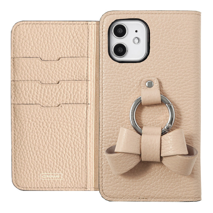 本革 32色 イタリアンシュリンクレザー リボンスマホリング付き 手帳型ケース iPhoneシリーズ