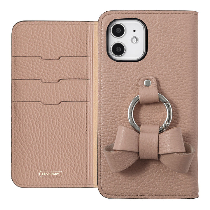 本革 32色 イタリアンシュリンクレザー リボンスマホリング付き 手帳型ケース iPhoneシリーズ