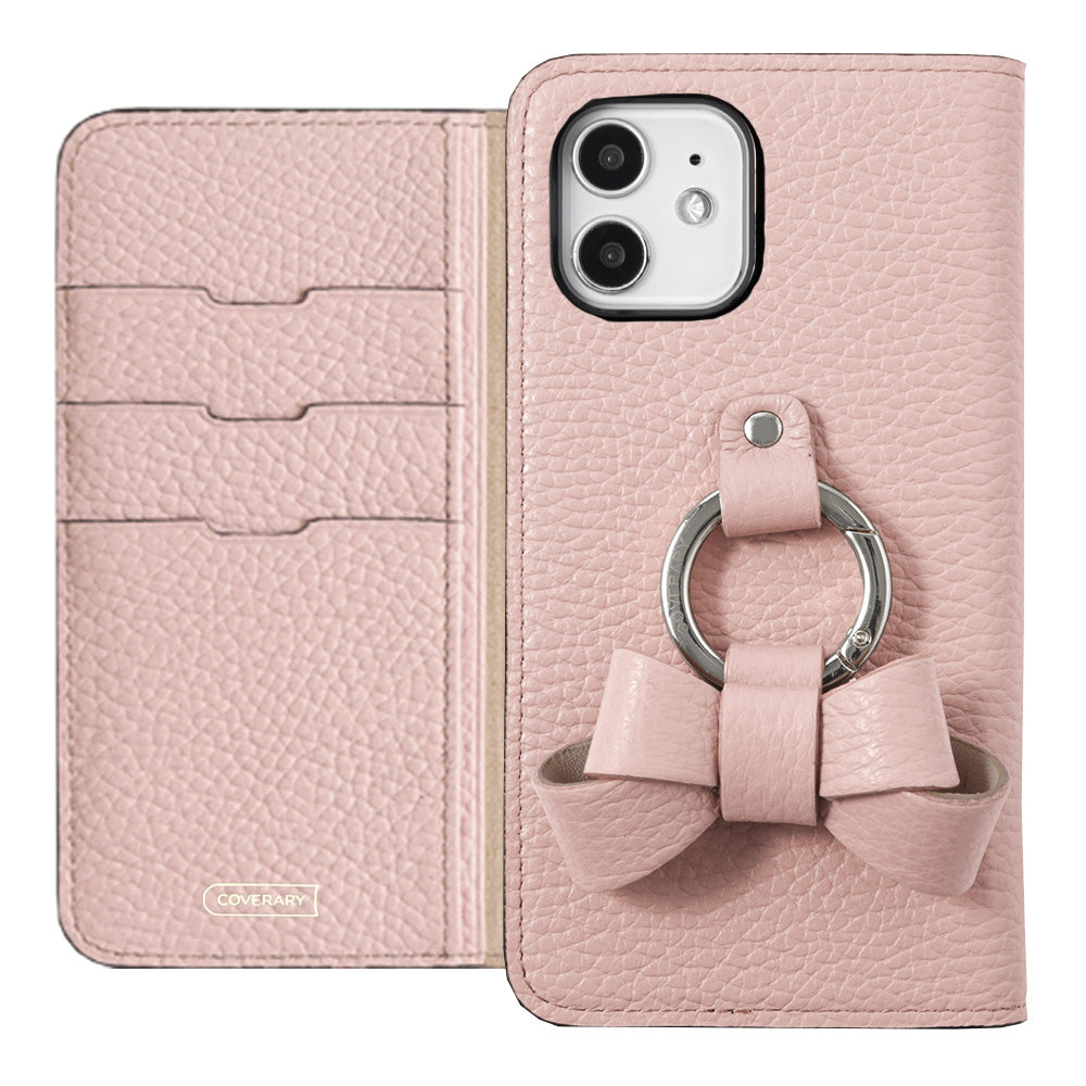 本革 32色 イタリアンシュリンクレザー リボンスマホリング付き 手帳型ケース iPhoneシリーズ