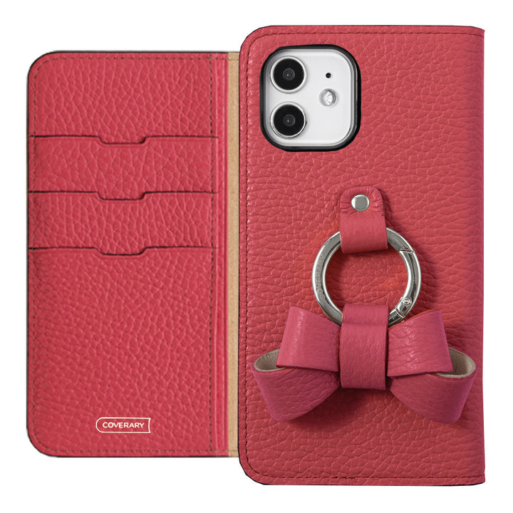 本革 32色 イタリアンシュリンクレザー リボンスマホリング付き 手帳型ケース iPhoneシリーズ