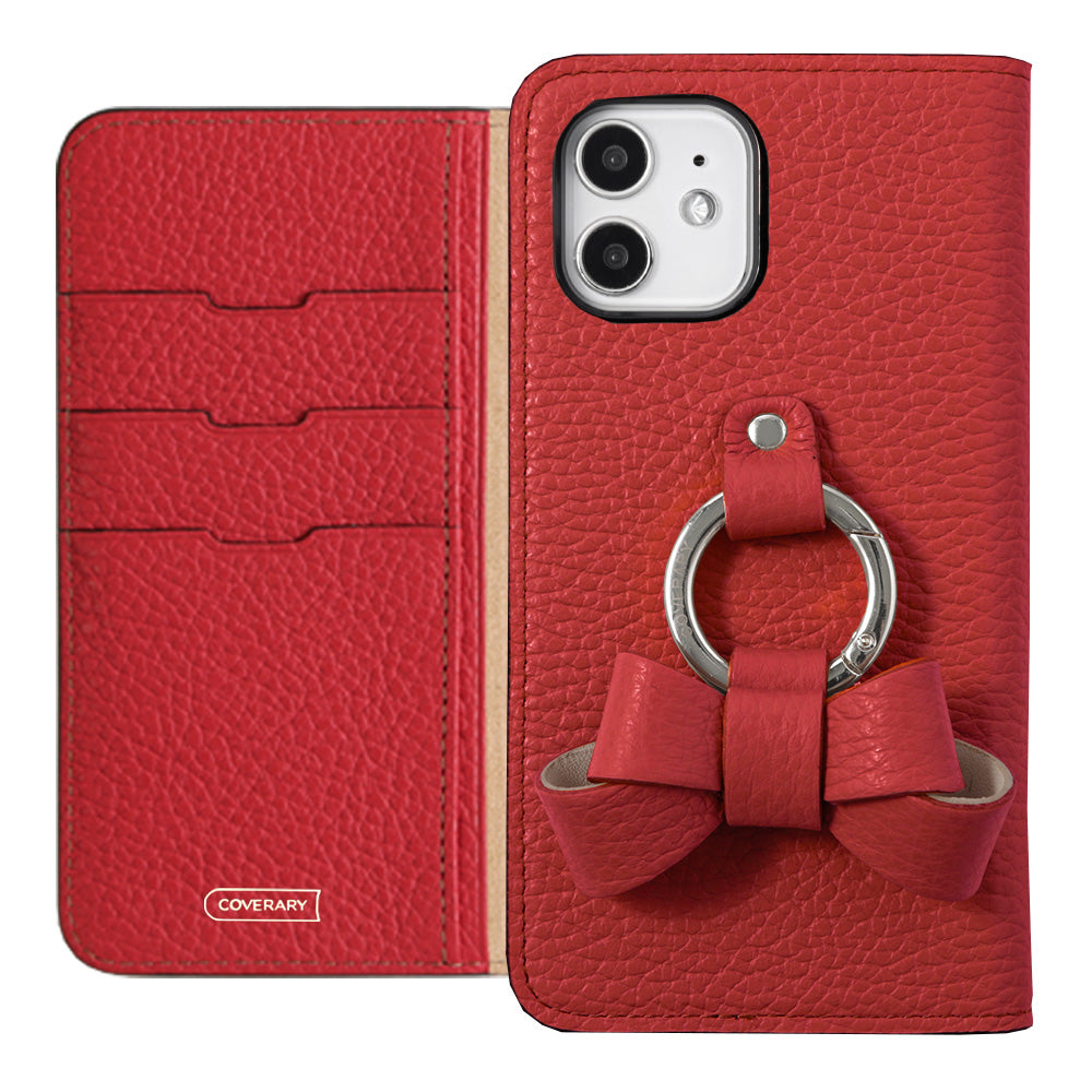 本革 32色 イタリアンシュリンクレザー リボンスマホリング付き 手帳型