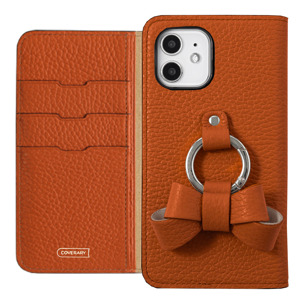 本革 32色 イタリアンシュリンクレザー リボンスマホリング付き 手帳型