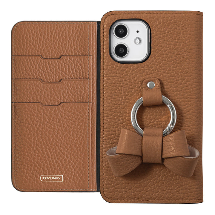 本革 32色 イタリアンシュリンクレザー リボンスマホリング付き 手帳型ケース iPhoneシリーズ