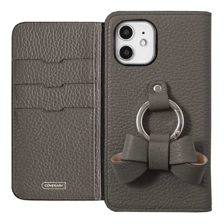 本革 32色 イタリアンシュリンクレザー リボンスマホリング付き 手帳型ケース iPhoneシリーズ