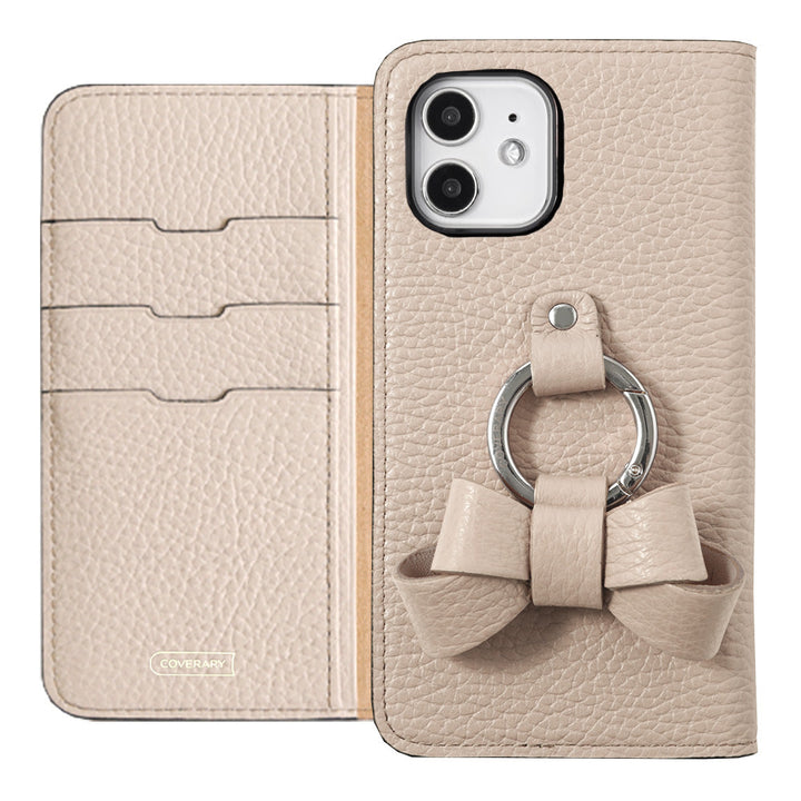 本革 32色 イタリアンシュリンクレザー リボンスマホリング付き 手帳型ケース iPhoneシリーズ