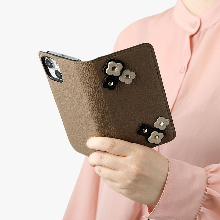 Genuine leather 32 colors Italian shrink leather floral motif notebook-style case AQUOS series