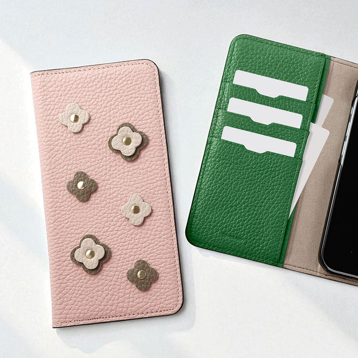 本革 32色 イタリアンシュリンクレザー フローラモチーフ 手帳型ケース iPhoneシリーズ