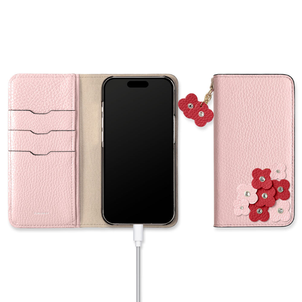 本革 32色 イタリアンシュリンクレザー 花びらチャーム 手帳型ケース Galaxyシリーズ