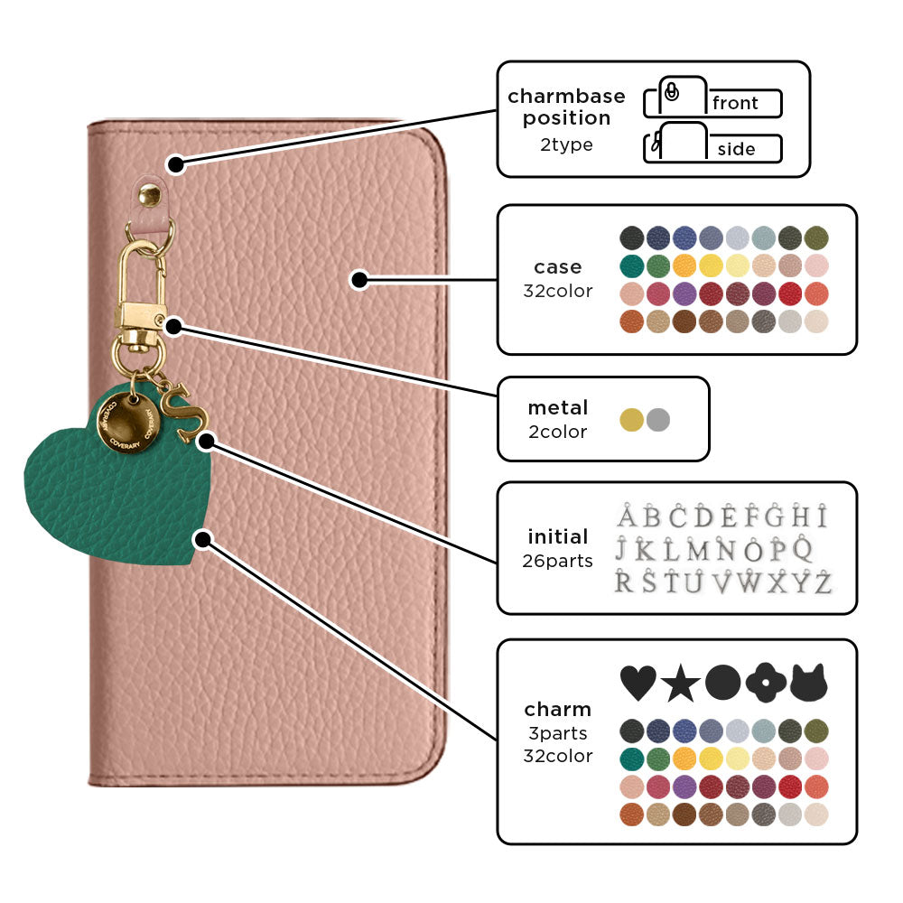 Genuine leather 32 colors Italian shrink leather motif initial charm notebook-style case AQUOS series