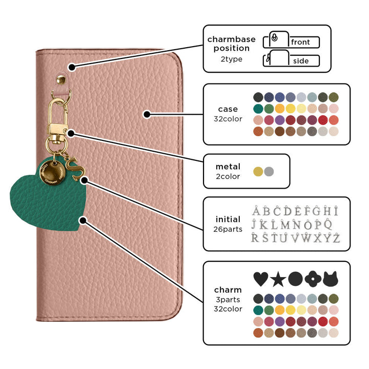 Genuine leather 32 colors Italian shrink leather motif initial charm notebook-style case Xperia series