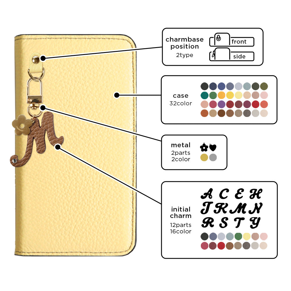 本革 32色 イタリアンシュリンクレザー miniイニシャルチャーム 手帳型ケース iPhoneシリーズ