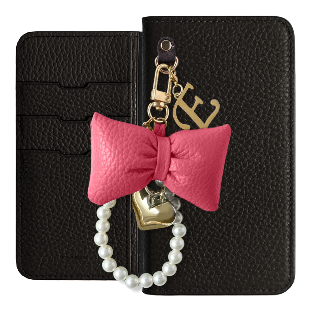 Genuine Leather 32 Colors Italian Shrink Leather Padded Ribbon Initial Pearl Charm Wallet Case AQUOS Series