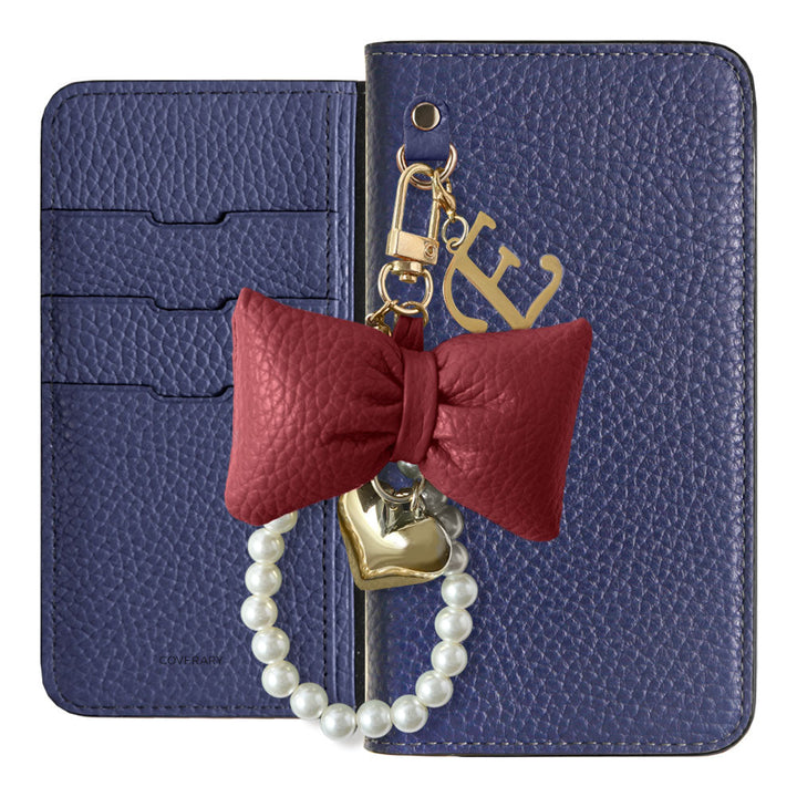 Genuine Leather 32 Colors Italian Shrink Leather Padded Ribbon Initial Pearl Charm Wallet Case AQUOS Series