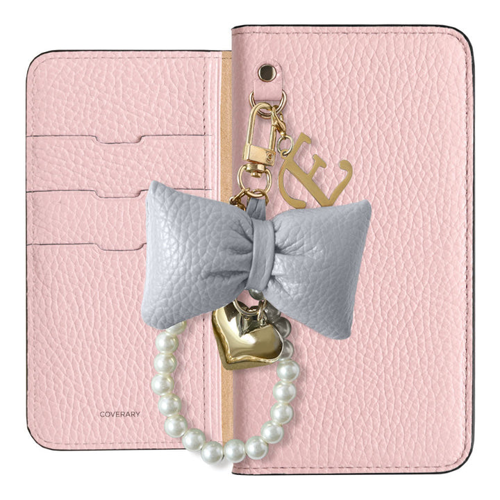 Genuine Leather 32 Colors Italian Shrink Leather Padded Ribbon Initial Pearl Charm Wallet Case AQUOS Series