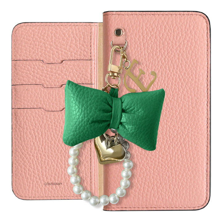 Genuine Leather 32 Colors Italian Shrink Leather Padded Ribbon Initial Pearl Charm Wallet Case AQUOS Series