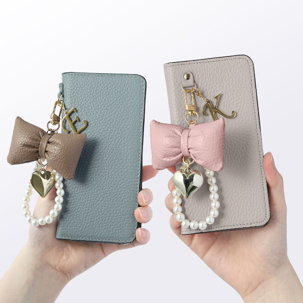 Genuine Leather 32 Colors Italian Shrink Leather Padded Ribbon Initial Pearl Charm Wallet Case AQUOS Series