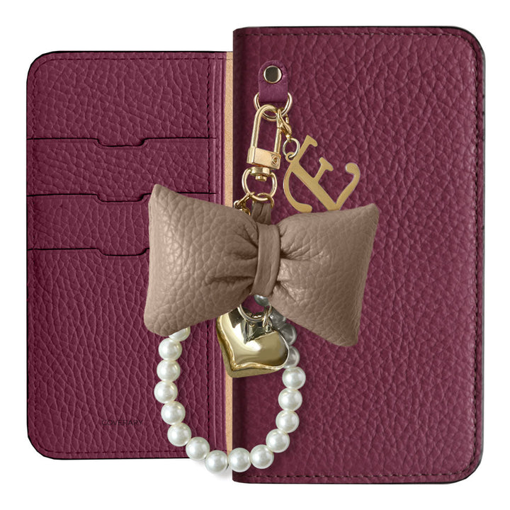 Genuine Leather 32 Colors Italian Shrink Leather Padded Ribbon Initial Pearl Charm Wallet Case AQUOS Series