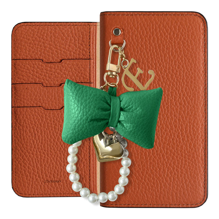 Genuine Leather 32 Colors Italian Shrink Leather Padded Ribbon Initial Pearl Charm Wallet Case AQUOS Series