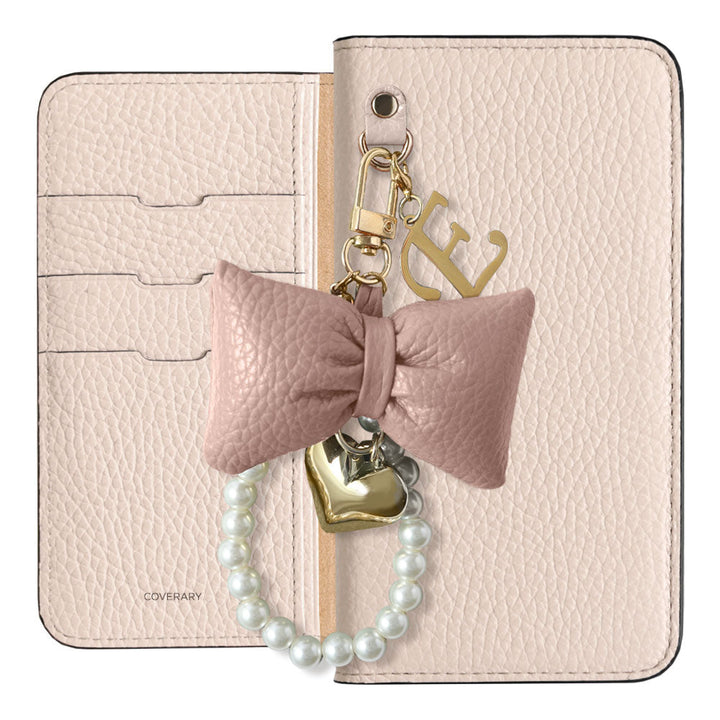 Genuine Leather 32 Colors Italian Shrink Leather Padded Ribbon Initial Pearl Charm Wallet Case AQUOS Series
