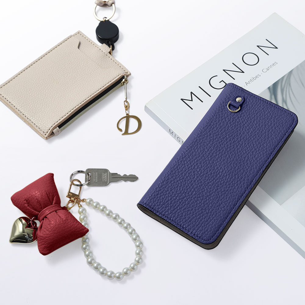 Genuine Leather 32 Colors Italian Shrink Leather Padded Ribbon Initial Pearl Charm Wallet Case AQUOS Series