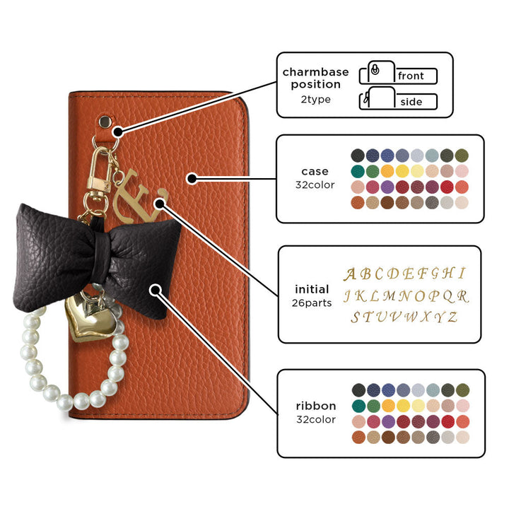 Genuine Leather 32 Colors Italian Shrink Leather Padded Ribbon Initial Pearl Charm Wallet Case AQUOS Series