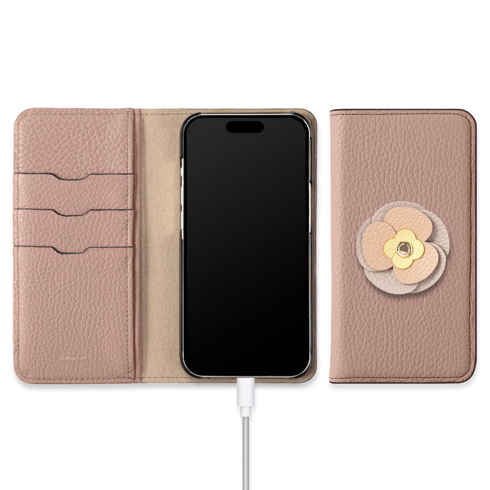 本革 32色 イタリアンシュリンクレザー リアルフラワーデコ 手帳型ケース iPhoneシリーズ